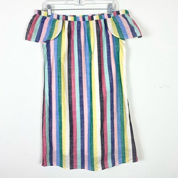 J. Crew Rainbow Stripe Off the Shoulder Flutter Sleeve Mini Shift Dress Size 6 - Picture 2 of 7
